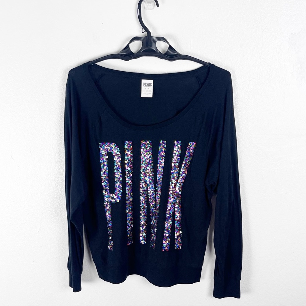 PINK VICTORIA’S SECRET Black Dolman Sleeves Sequin Pink Graphic Top Size Large